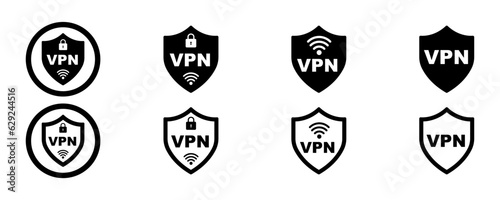 Set of shield and VPN vector icons. Lock with VPN. Safe private access for wifi and server. Vector 10 Eps.