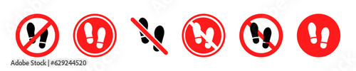 Set of no shoes vector icons. Red sign with stop, ban, prohibition, forbidden footwear. Vector 10 Eps.