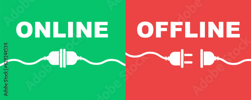 Green and red offline or online cable. Internet connection. Unplug plug. Vector 10 Eps.