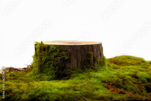 Wooden saw cut, round podium with green moss isolated on a white background. High quality photo © oksa_studio