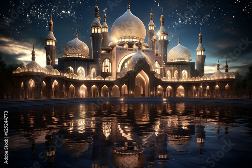 Elegant Ramadan Mosque Illuminated for Celebrations, © ELmidoi-AI