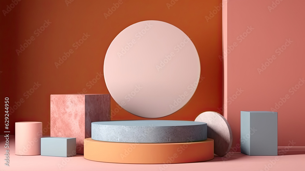 Advertising, Stone podium geometry. Abstract pastel geometric shape blank platform. Empty showcase pedestal product display for cosmetic presentation. Generative Ai