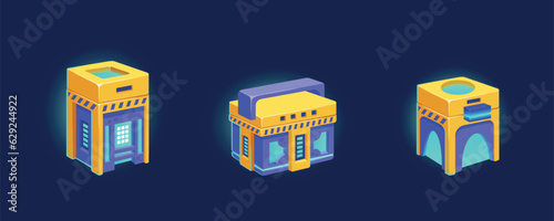 Futuristic Chests Or Trunks Ui Game Icons. Closed Boxes With Money Or Assets, Gui Elements With Future Technologies