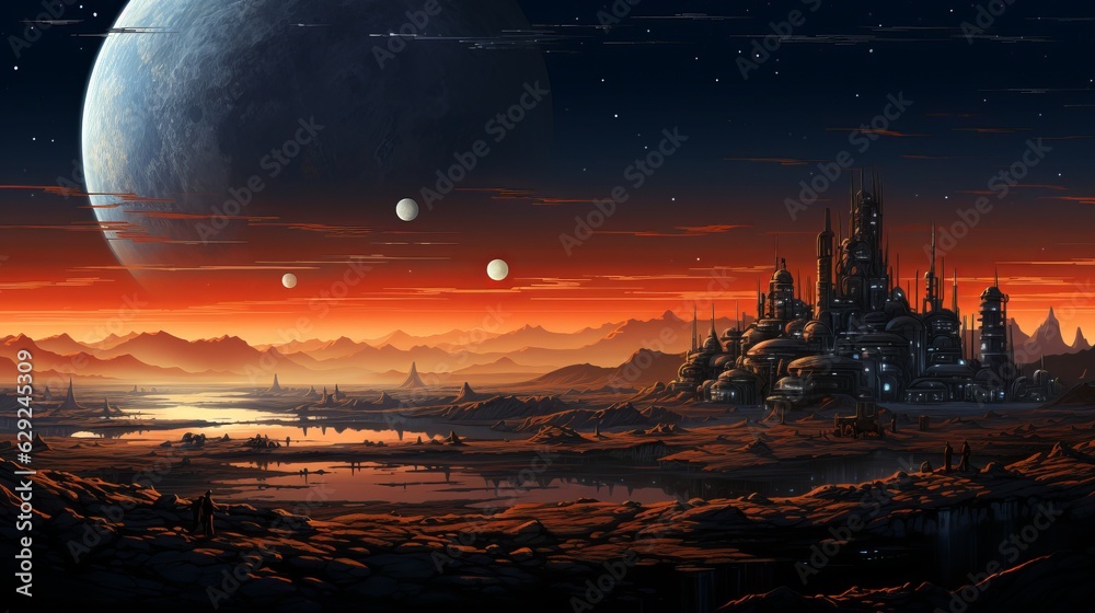 Alien landscape. Space background for the game. City of the future on another planet, Generative AI