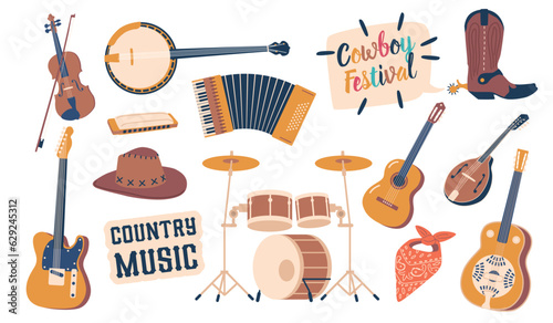 Country Music Instruments. Guitar, Banjo, Fiddle, And Harmonica. Guitar, Drum Kit Or Accordion Vector Illustration photo