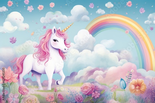 Illustration of a colourful painting of a majestic unicorn against a vibrant rainbow backdrop created with Generative AI technology
