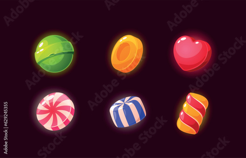 Delicious Caramel Candies Game Icons Set. Sweets With A Rich Flavor, Smooth, Chewy Texture Cartoon Vector Illustration