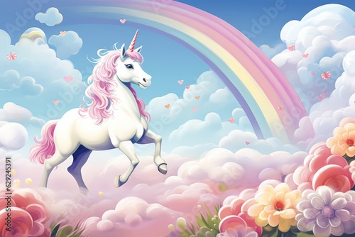 Illustration of a colorful and whimsical painting of a unicorn in a dreamy cloud-filled sky with a vibrant rainbow created with Generative AI technology