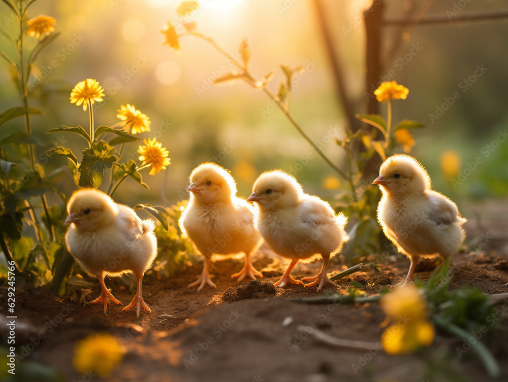 Several Baby Chickens Playing Together in Nature