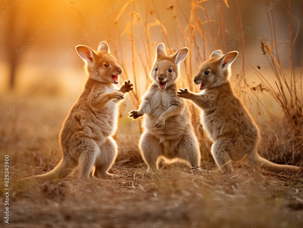Obraz premium Several Baby Kangaroos Playing Together in Nature