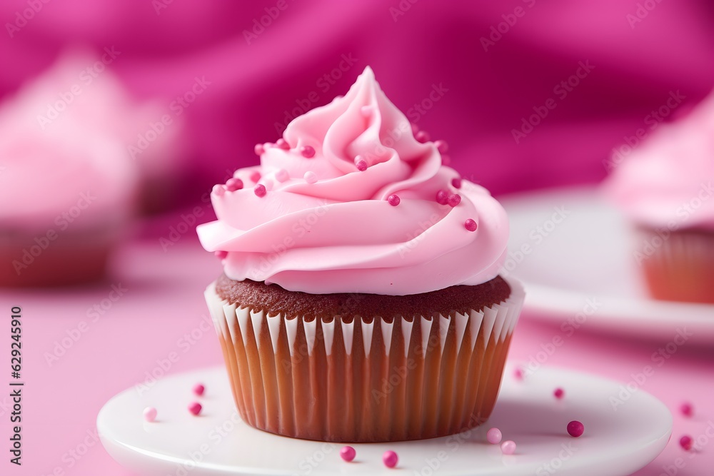 Pink cupcake on barbie pink background, barbiecore style