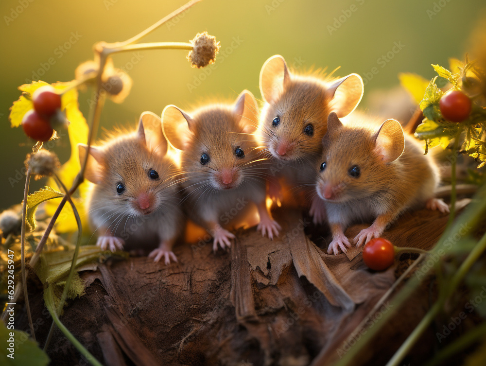 Several Baby Mice Playing Together in Nature Several Baby Mice Playing Together in Nature