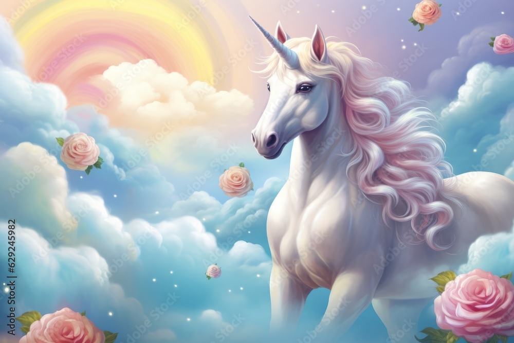 Illustration of a whimsical painting of a unicorn surrounded by colorful roses in a dreamy sky created with Generative AI technology