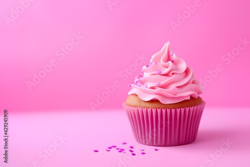 Pink cupcake on pink background, barbiecore style with copy space