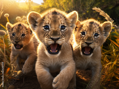 Several Baby Lions Playing Together in Nature © Nathan Hutchcraft