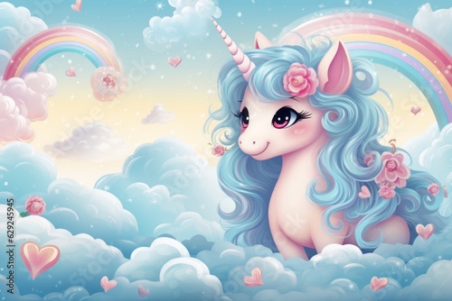 Illustration of a majestic unicorn sitting on a fluffy cloud with a vibrant rainbow in the background created with Generative AI technology