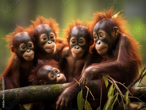 Several Baby Orangutans Playing Together in Nature © Nathan Hutchcraft