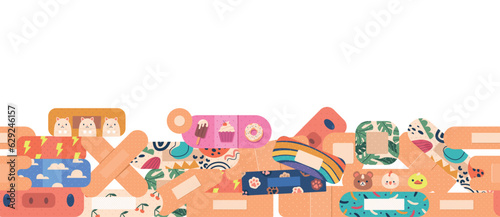 Seamless Pattern with Medical Plasters In Various Sizes And Colors, Creating Cohesive Design, Vector Illustration