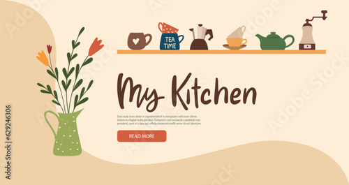Web site onboarding screen. Cooking landing page banner template for website and mobile app development. Web banner with kitchen elements. Vector illustration for poster, banner, website, advertising. (ID: 629246306)