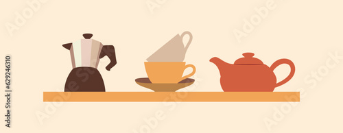 Cozy shelf with cups, coffee maker, teapot in the kitchen. Set of kitchen utensils іsolated on a light background. Side view. Vector illustration (ID: 629246310)