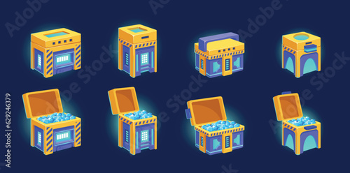 Futuristic Chests, Closed And Open Boxes With Treasure Inside. Isolated Sci-fi Game Assets, Combine Sleek Design