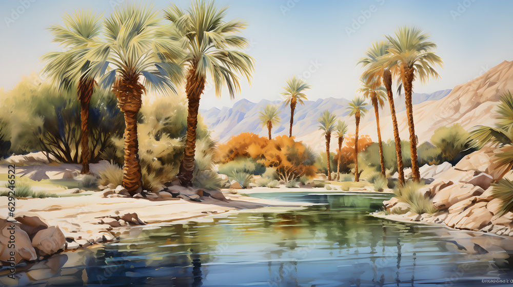 watercolor oasis landscape Generative AI