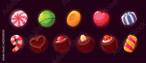 Candy Game Icons Set. Sweets Ui Or Gui Elements. Striped Caramel, Praline, Lollipop Or Toffee, Candy-cane, Chocolate
