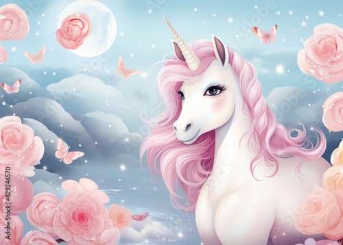 Illustration of a majestic white unicorn surrounded by a bed of blooming pink roses created with Generative AI technology