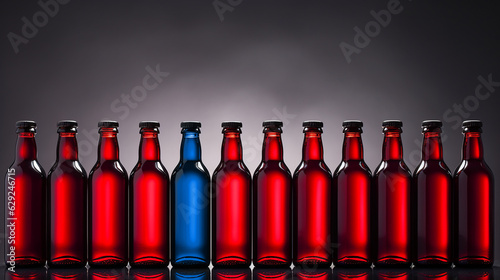 Amidst a row of red bottles  the blue bottle signifies the business concept of standing out for selection  highlighting uniqueness and attracting attention