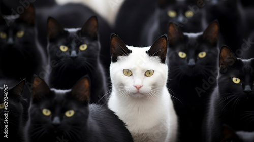 Standing out in a sea of black cats, the white cat epitomizes the business concept of selection, highlighting uniqueness and capturing attention