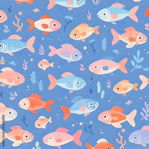 Cute fish repeat pattern, blue background , Generative AI