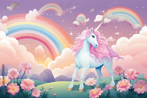 Illustration of a majestic unicorn in a vibrant field of flowers, with a stunning rainbow backdrop created with Generative AI technology
