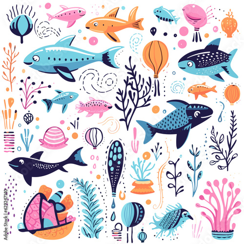 Drawn collection of sealife characters wallpaper