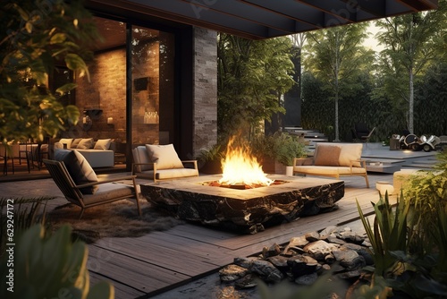 Ultra Luxurious Garden with some Armchairs and a Fire on the Middle.