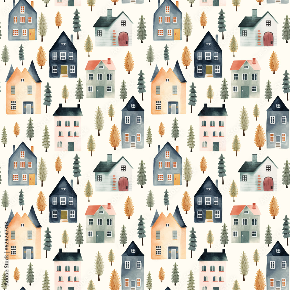 Cute watercolor buildings and trees. European houses seamless pattern.  Trendy scandi vector background