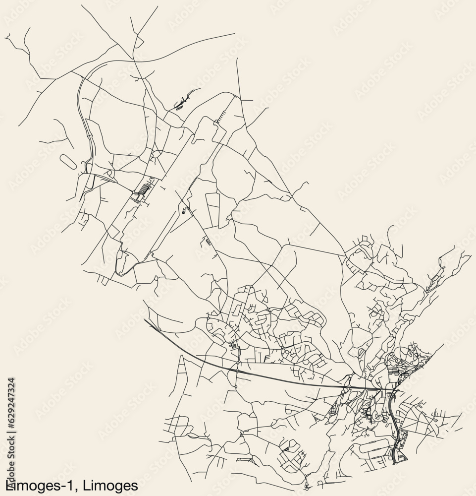 Detailed hand-drawn navigational urban street roads map of the LIMOGES ...