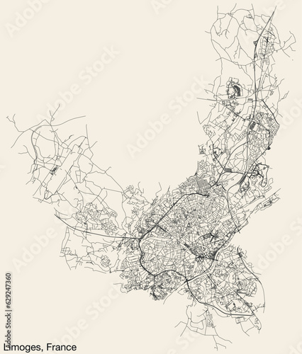 Detailed hand-drawn navigational urban street roads map of the French city of LIMOGES, FRANCE with solid road lines and name tag on vintage background