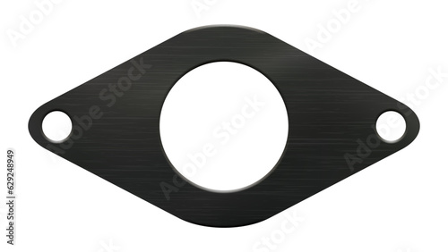 Realistic vector illustration of a diamond shaped black rubber gasket with two small and one large round hole. Technical product for the insulation of pipelines and vehicles in flanged connections.