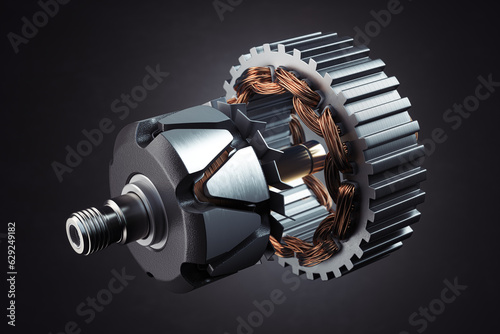 Rotor and stator of car alternator generator or electric motor on black.