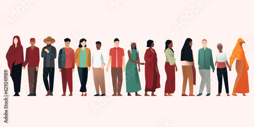 Modern multicultural society concept with people in a row. Group of different people in community standing together and holding hands. illustration isolated on white background