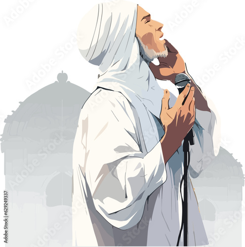 Imam reciting the call to prayer. Moslem call for prayer concept vector.