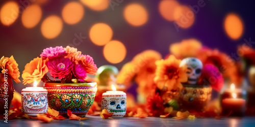 Day of the Dead background. El Dia de Muertos banner with Altar with flowers, skulls and burning candles on blurred background with bokeh effect. Banner size, copy space