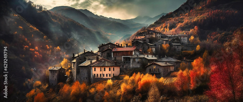 an autumnal sky over a mountain village