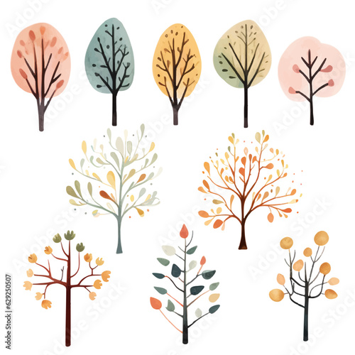 Set of watercolor fairy trees. Scandinavian vector trees. Vector trees collection