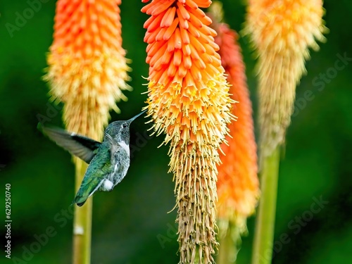 Anna's hummingbird feeding from torch lily flowers in Victoria BC photo