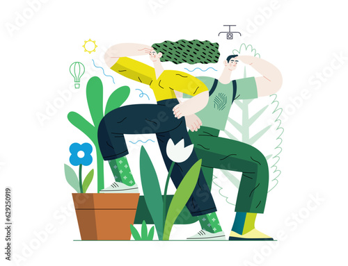 Greenery, ecology -modern flat vector concept illustration of observing people surrounded by plants. Metaphor of environmental sustainability and protection, closeness to nature