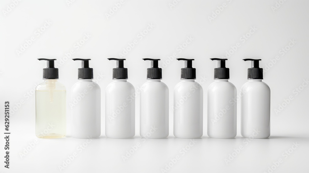 Hand sanitizers on a white background, essentials for health hygiene. Generative AI Hand sanitizers on a white background, essentials for health hygiene. Generative AI