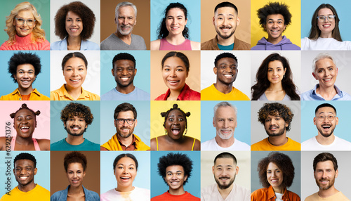 Collage portrait of multiracial smiling different business people isolated on colorful backgrounds. A lot happy modern people faces in mosaic collection. Successful business, career, diversity concept