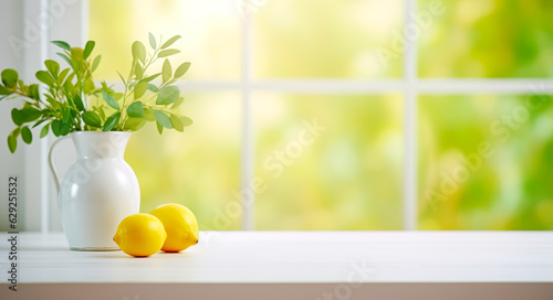  Selective focus.cozy counter bar kitchen wall and window with lemon drink.ai generated images