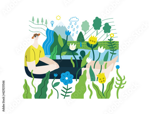 Greenery, ecology -modern flat vector concept illustration of a man sitting in the landscape with river and waterfall. Metaphor of environmental sustainability and protection, closeness to nature